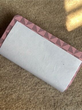 Pink Patterned Zip-Around Wallet with Textured Trim